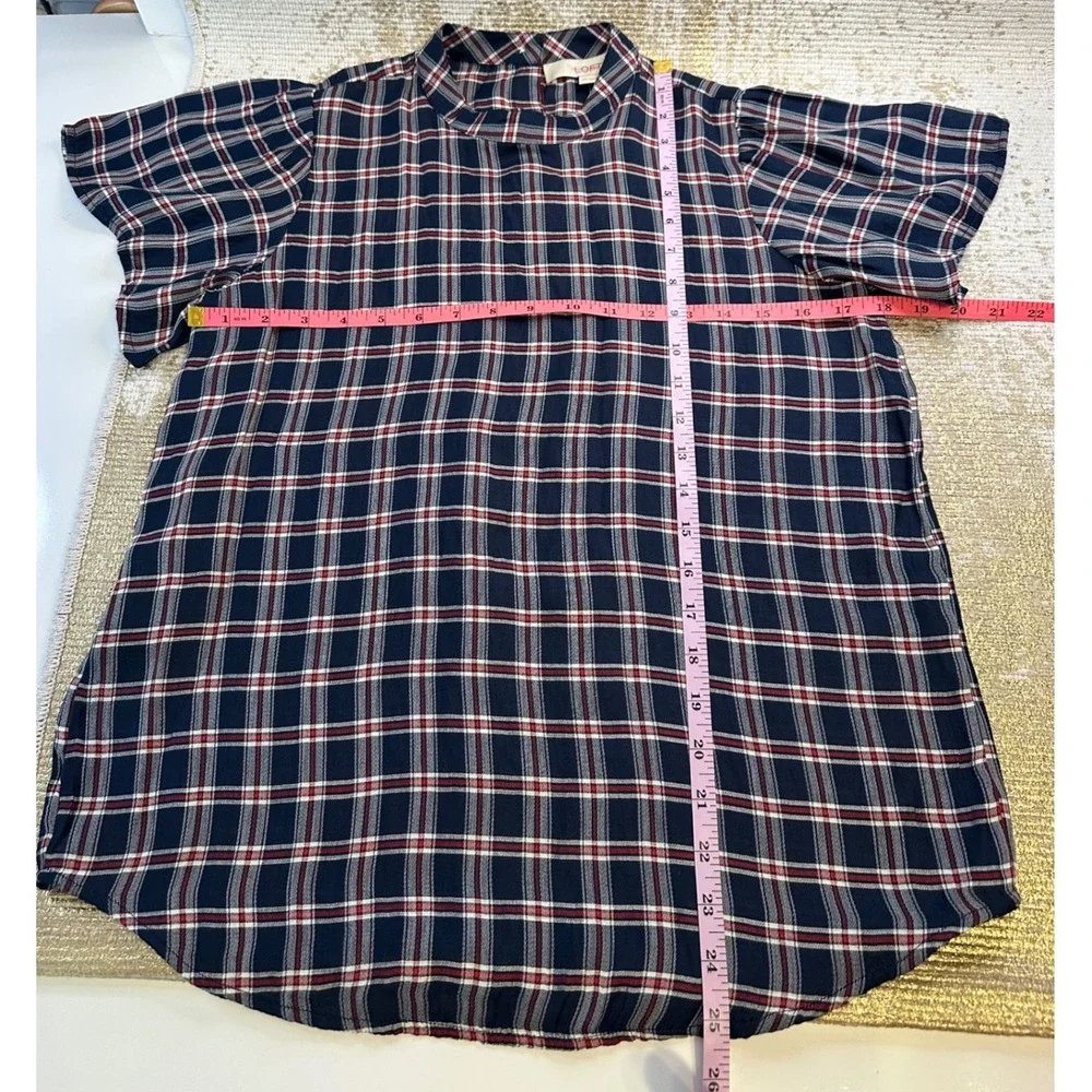 LOFT Navy Blue, Red & White Plaid Blouse Mock Neck Puff Sleeves NWT XS